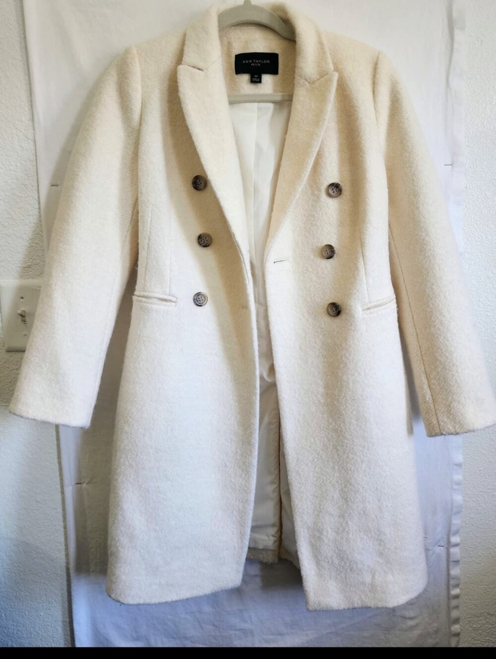 Ann Taylor Ivory Double-Breasted Long Wool Coat. - Picture 3 of 16